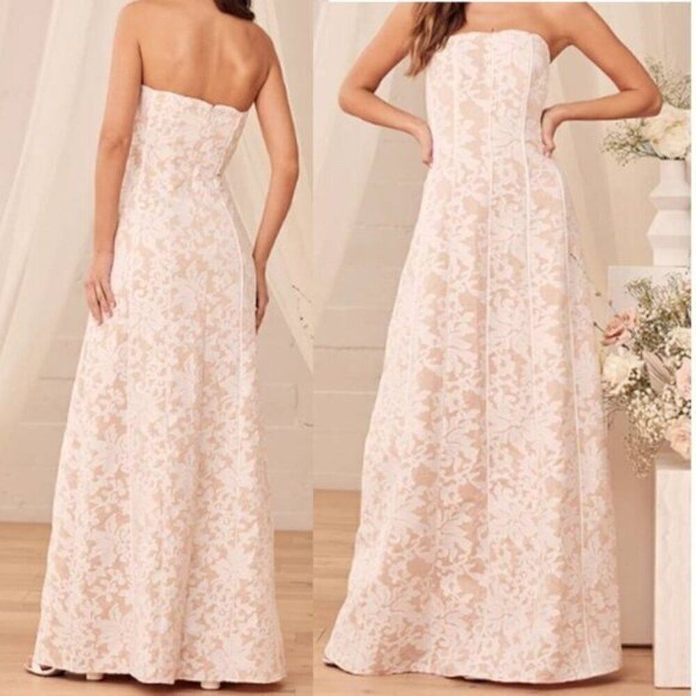 LULU's Emboridered Floral Strapless Maxi Dress Bridal Shower Brunch Honeymoon